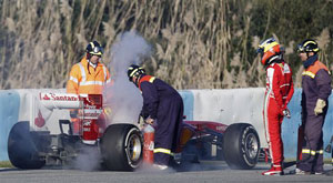 Pedro de la Rosa's Ferrari spouts smoke during testing
