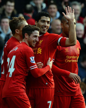 EPL: Red-hot Luis Suarez fires Liverpool to the top