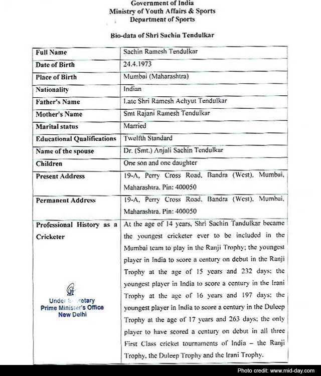Sachin Tendulkar's CV that got him Bharat Ratna